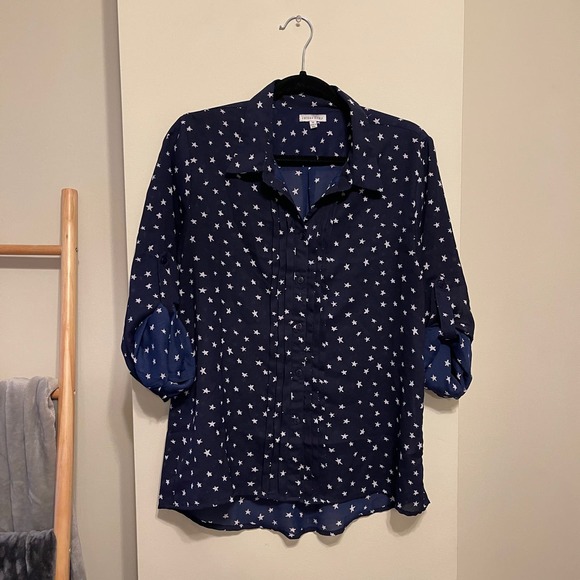 Larsen Gray Navy and White Star Button Down Blouse Size Medium - Picture 2 of 9